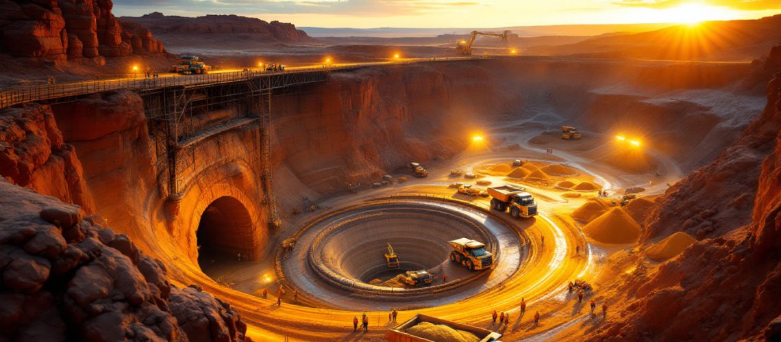 Brightstar Resources Ltd-BTR-Circular mine pit at sunset with trucks and workers, bathed in warm golden light.