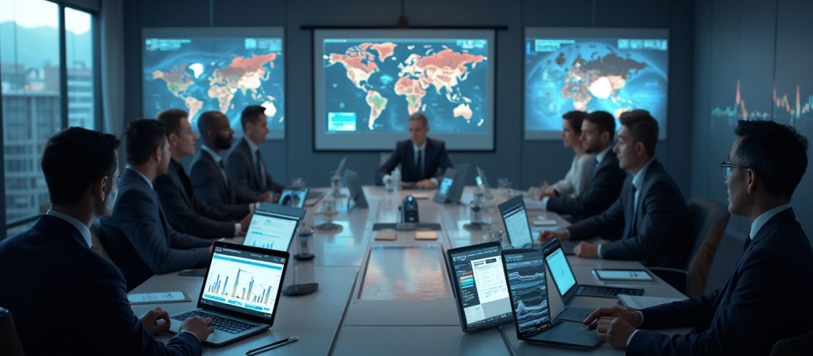 Business meeting with laptops and world map screens in a conference room.