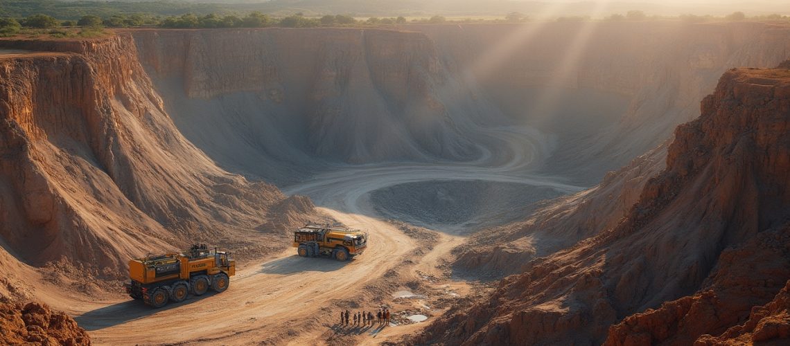 Huge quarry with trucks and workers under a warm sun, surrounded by rugged cliffs and distant hills.