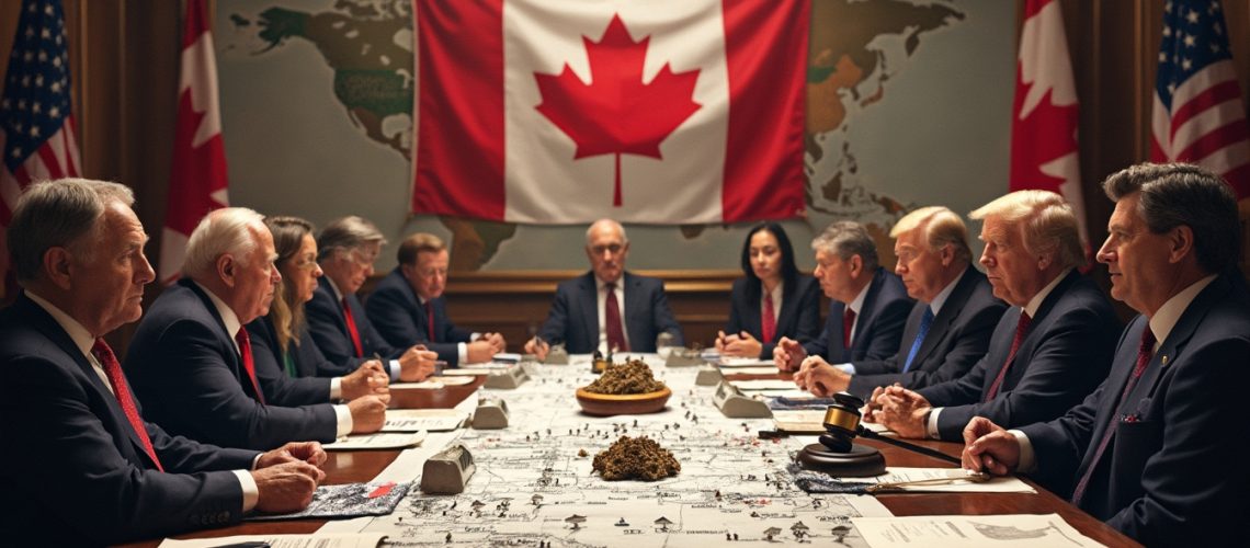 People in suits having a meeting at a long table with a Canadian flag and world map on the wall.