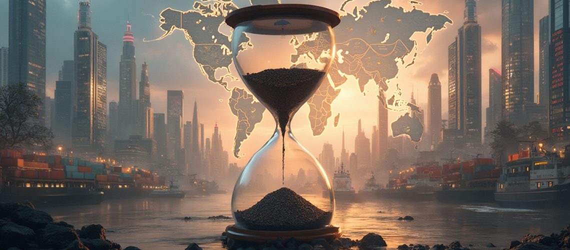 Hourglass with world map over futuristic cityscape and shipping containers, symbolizing time's passage.