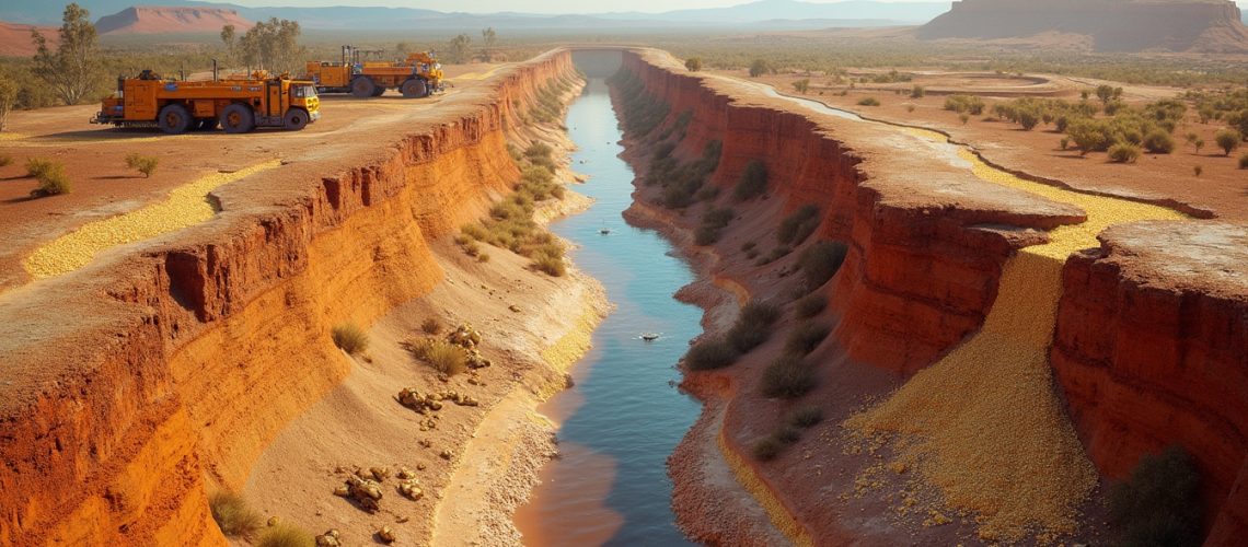 Red desert canyon with trucks, a narrow river flowing through, and rugged terrain under a vast sky.