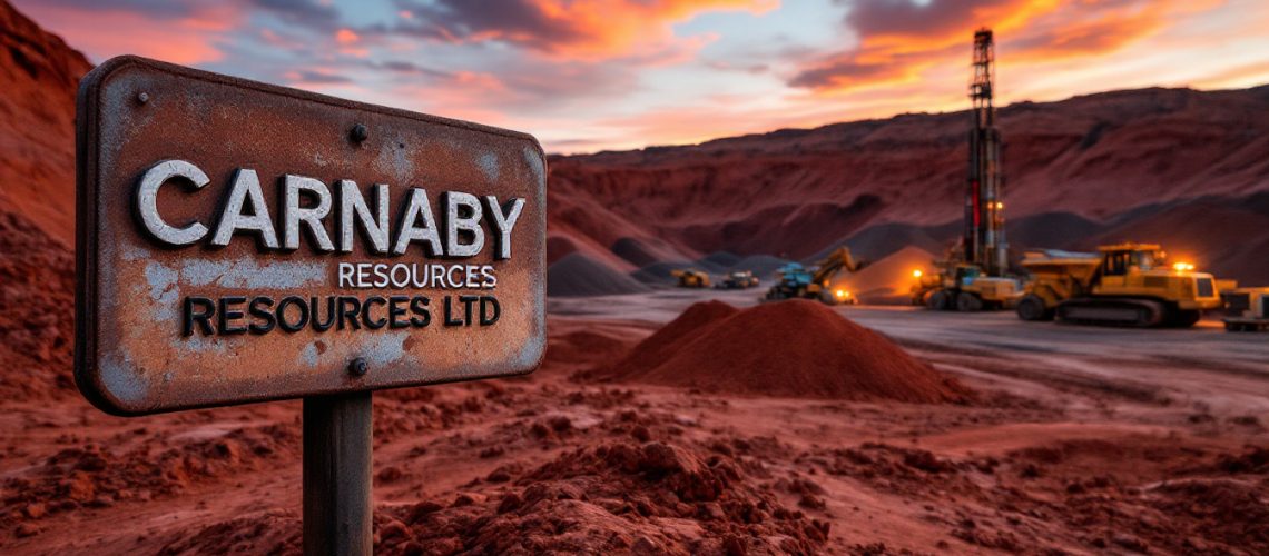 Carnaby Resources Ltd-CNB-Sign for Carnaby Resources Ltd in a dusty mining site at sunset, with heavy machinery in the background.