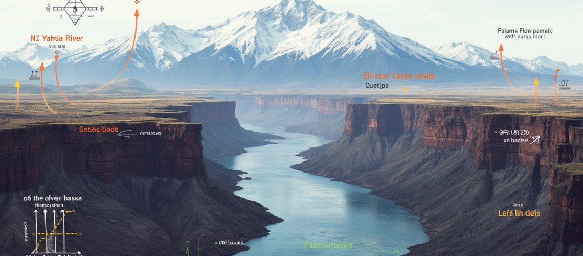 Panoramic view of a canyon with labeled features, flowing river, and distant snowy mountains.