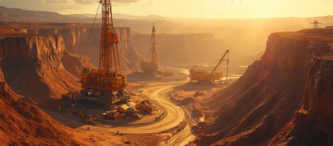 Rugged canyon landscape with large drilling rigs at sunset. Dusty road winds through rocky terrain.