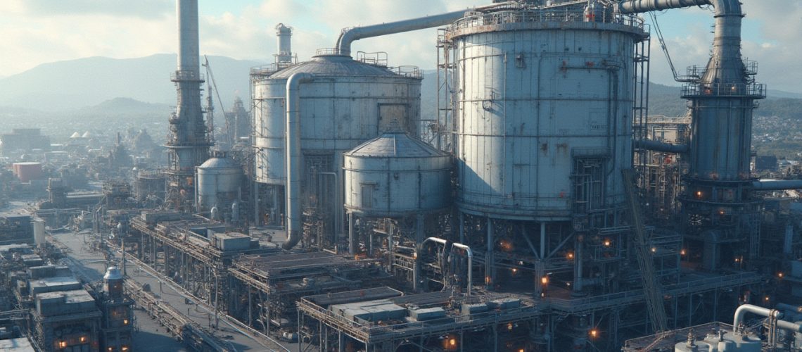 Large industrial refinery with tanks, pipes, and chimneys under a blue sky with scattered clouds.