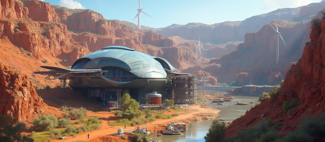 Futuristic building in a red canyon with wind turbines and a river.