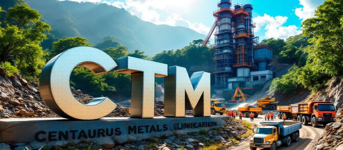 Centaurus Metals Ltd-CTM-Large CTM letters with industrial site, trucks, and workers in a forested mountain area.