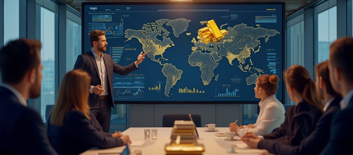 Business presentation on global gold market with map and charts in a conference room.