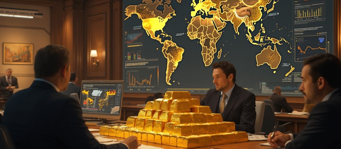 Business meeting with gold bars on table, large world map display in the background.