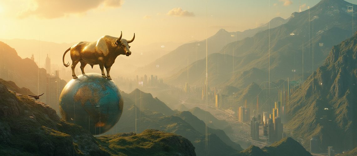 Golden bull atop globe, symbolizing investment.