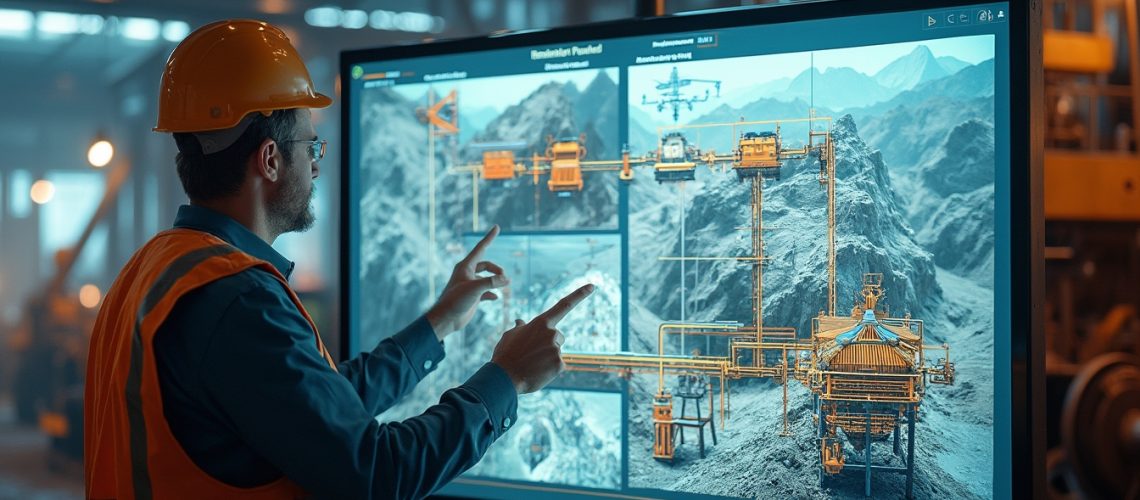 Engineer in helmet uses touchscreen with mining site graphics.