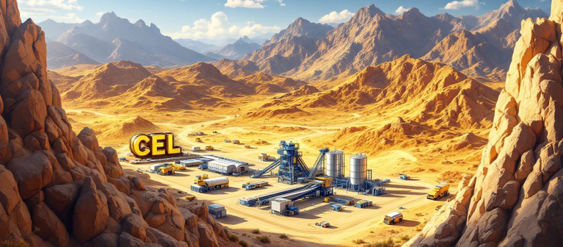 Challenger Gold Ltd-CEL-Desert mining facility with equipment, surrounded by rocky mountains under a clear blue sky.