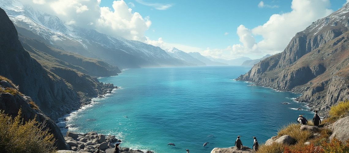 Penguins on rocky cliffside overlook a turquoise bay, surrounded by snow-capped mountains and clouds.