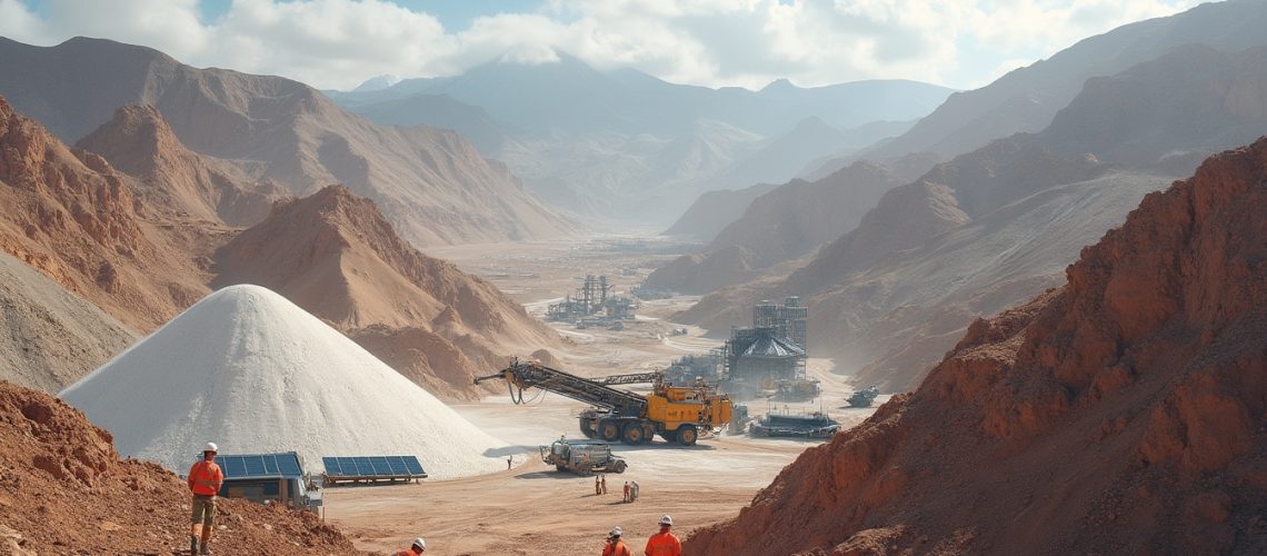 Workers in a desert mining site with machinery, mountains, and cloudy sky in the background.