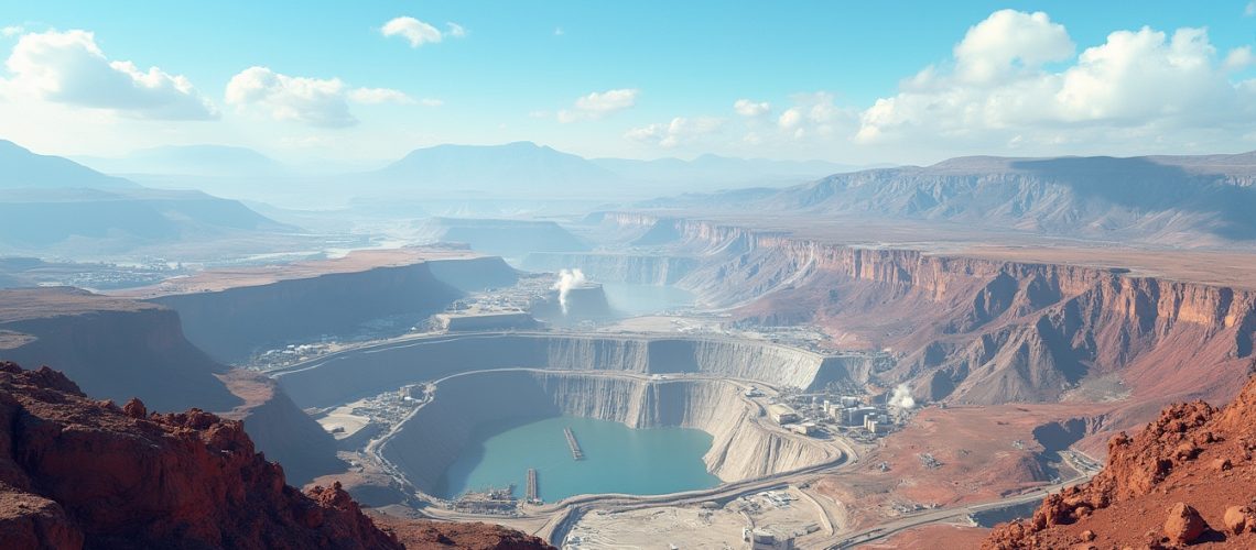 Vast open-pit mine with turquoise waters surrounded by red cliffs under a blue sky.