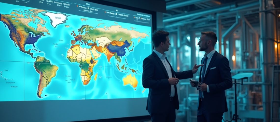 Two men in suits discuss a colorful world map on a screen in an industrial setting.