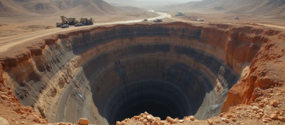 Massive circular pit mine in a desert landscape with vehicles on the rim road.