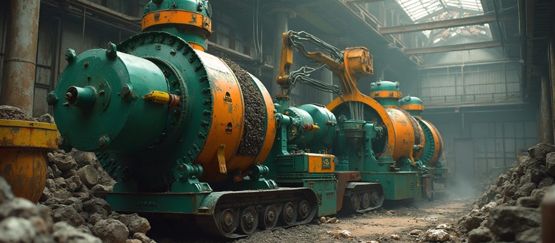 Industrial machinery in a dusty, dimly lit factory with piles of stones scattered on the ground.