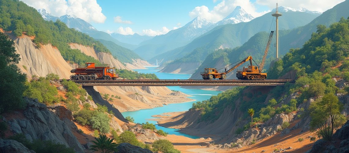 Construction vehicles on a bridge in a mountainous landscape with a river below.