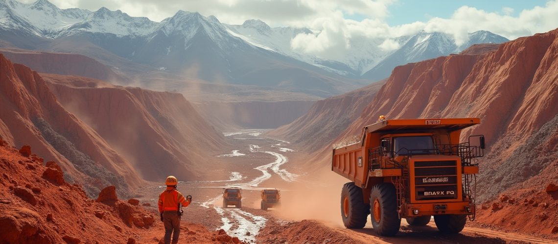 Dump trucks on a dusty red dirt road in a mountainous landscape with snow-capped peaks.