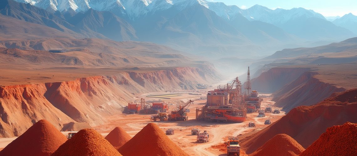 Mining operation in a dusty red valley with snow-capped mountains in the background.