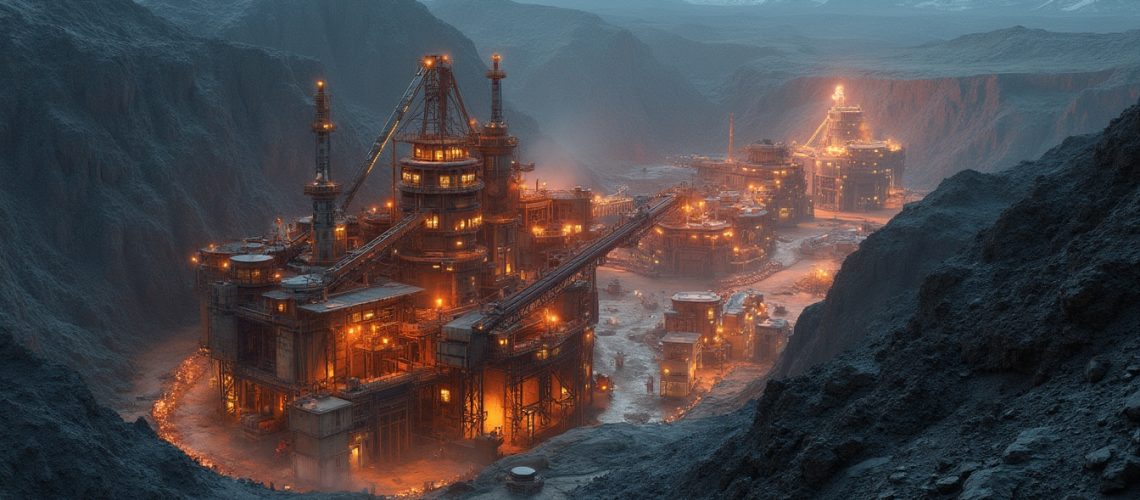 Illuminated industrial complex nestled in a rocky mountain valley under a misty sky.