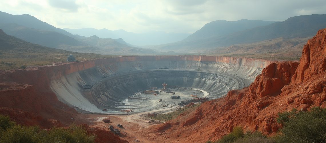 Large open-pit mine set in a barren landscape, surrounded by red rock formations under a cloudy sky.