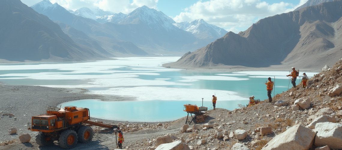 Workers in orange gear near a turquoise lake, snowy mountains in the background.