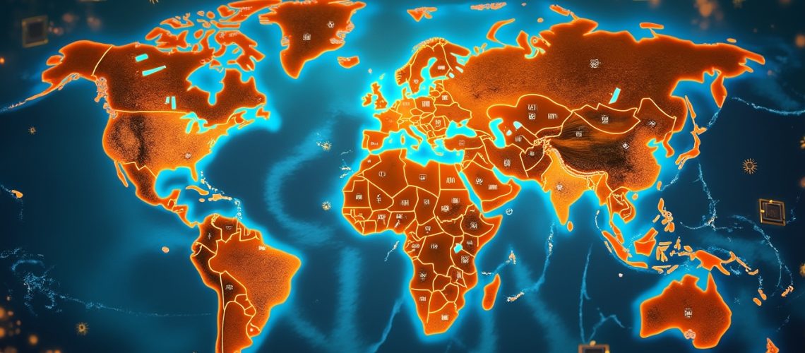 Glowing world map with orange continents on a blue background, featuring digital symbols.