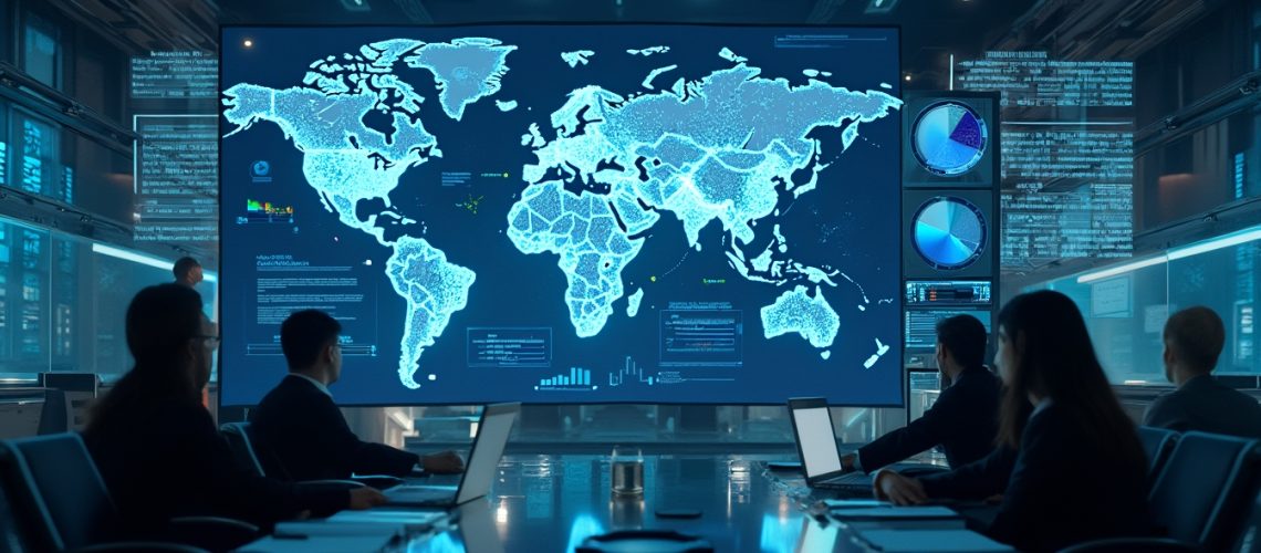 People in a conference room viewing a large digital world map with data on multiple screens.