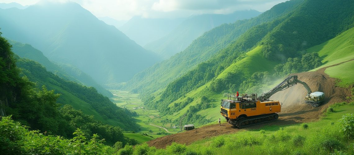 Excavator working on a lush green hillside with mountains in the background.