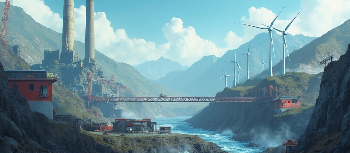 Industrial facility with wind turbines in a mountainous landscape by a river.