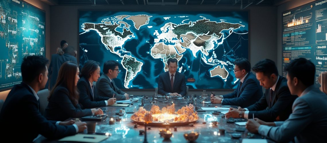 Business meeting in a dimly lit room with a large world map display and global data charts.