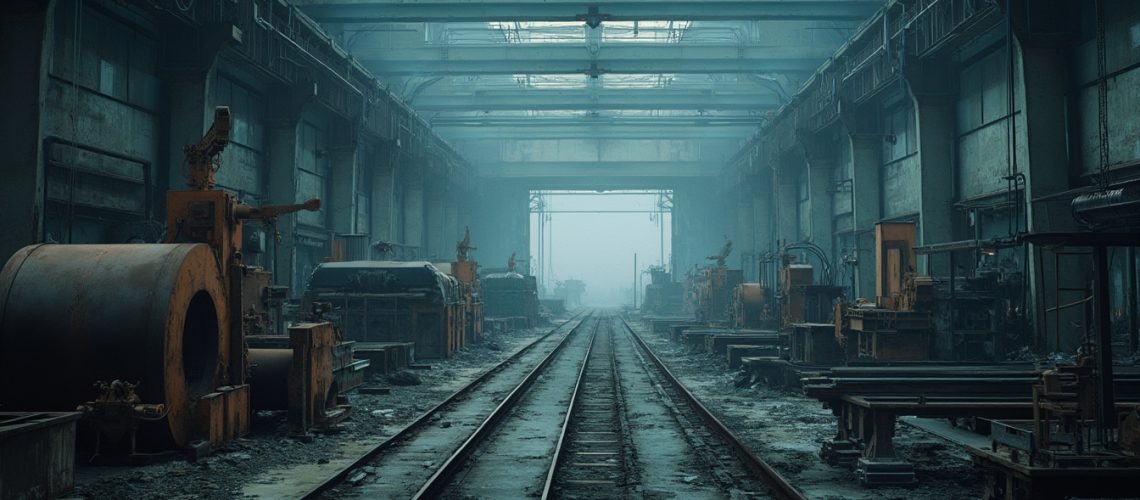 Abandoned industrial warehouse with railway tracks and old machinery in a foggy, muted light.