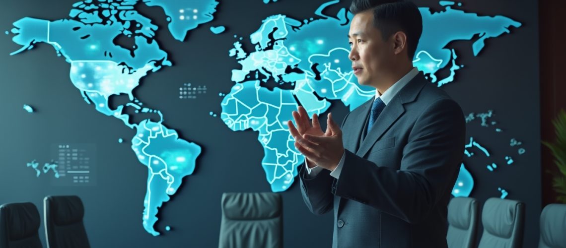 Man in a suit stands in a conference room with a large, illuminated world map on the wall behind him.