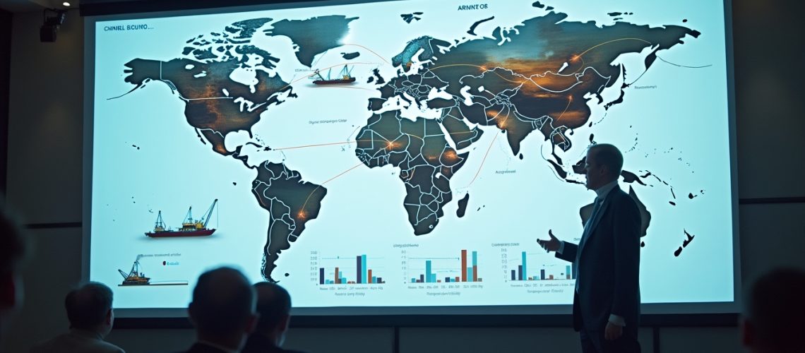 Man presenting a world trade map with charts and ship illustrations in a conference room.