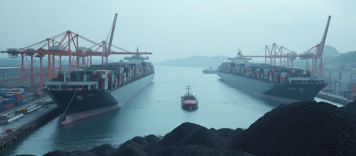 Container ships docked at a port, surrounded by cranes and coal piles under a hazy sky.