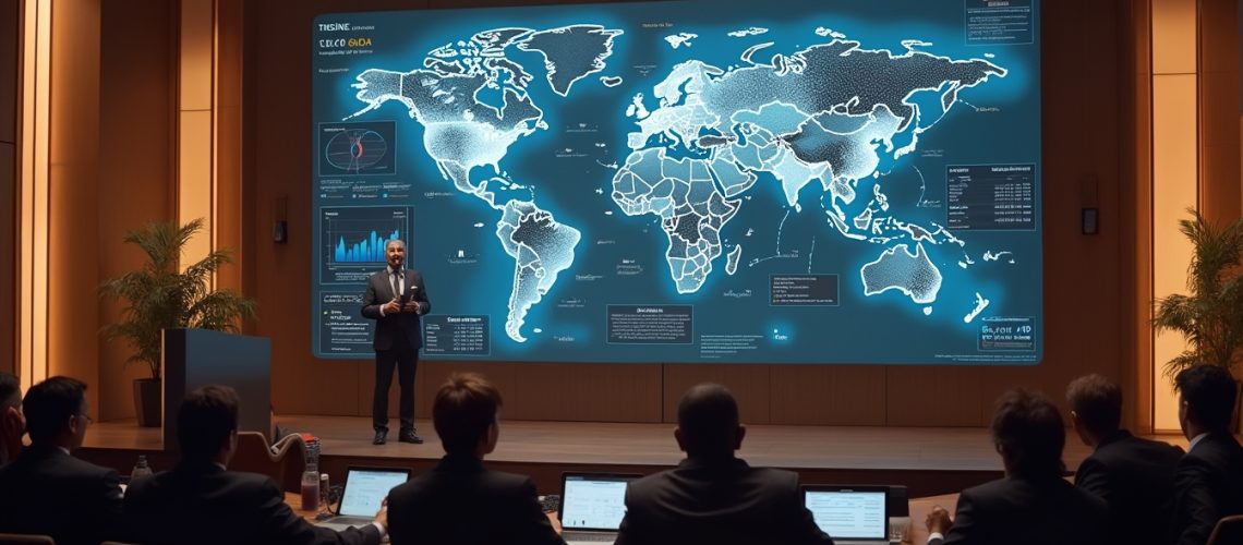 Man presenting world map data to an audience in a conference room.