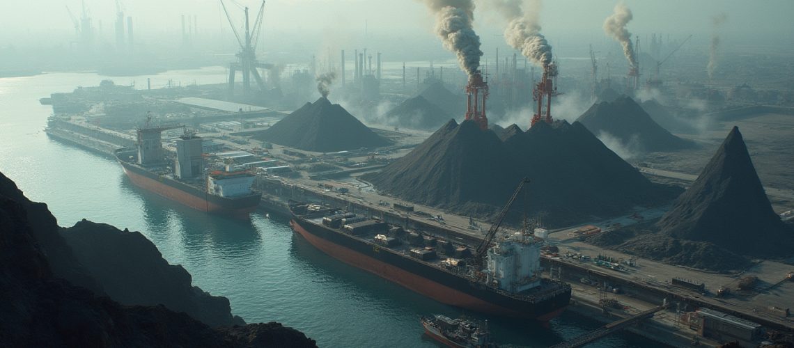 Industrial port with large ships, coal piles, cranes, and smoke stacks under a hazy sky.