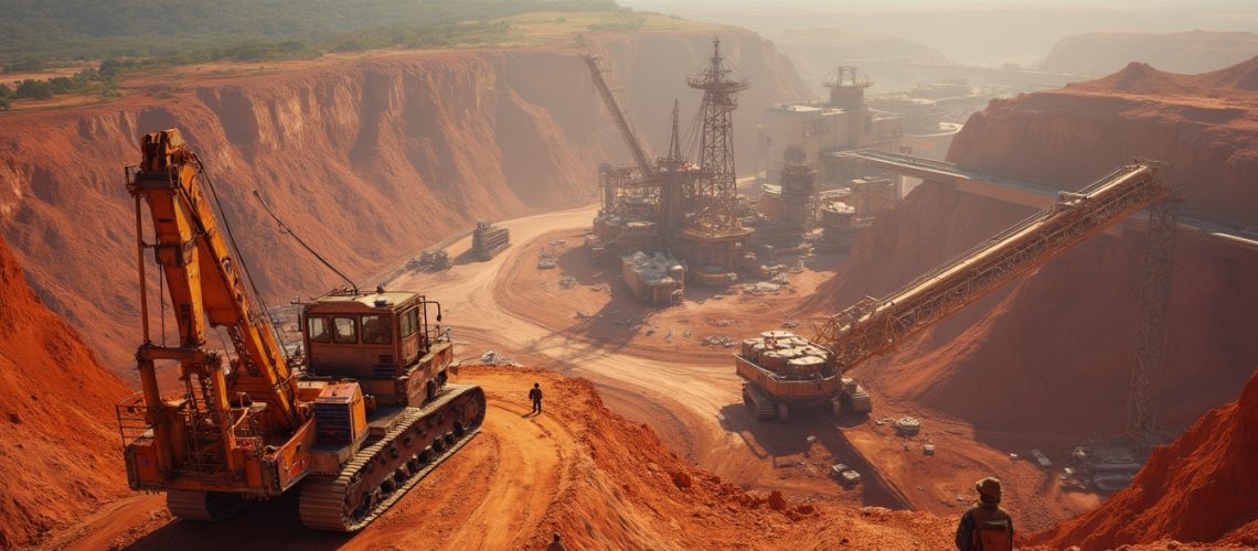 Excavator and workers in a large, red earth mine with expansive mining operation in the background.