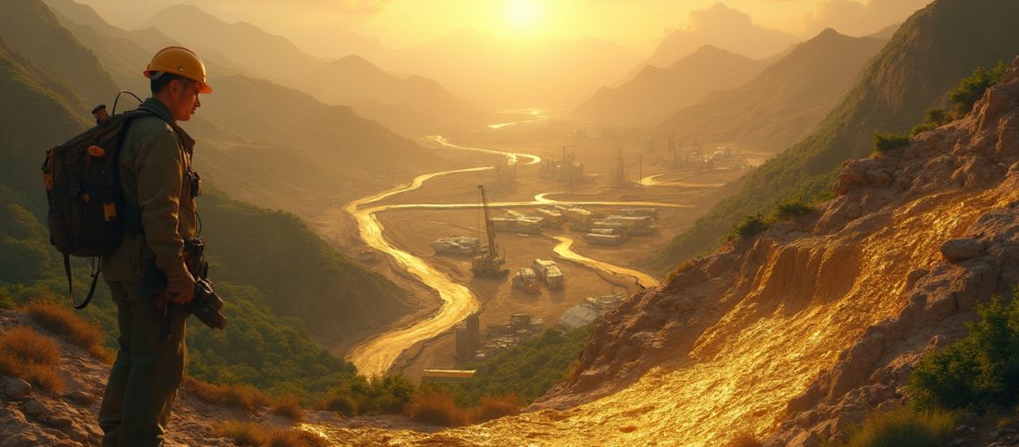 Man overlooking a gold mine at sunrise, surrounded by mountains and a winding river.