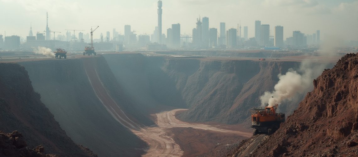 Iron-ore mining trucks in vast quarry