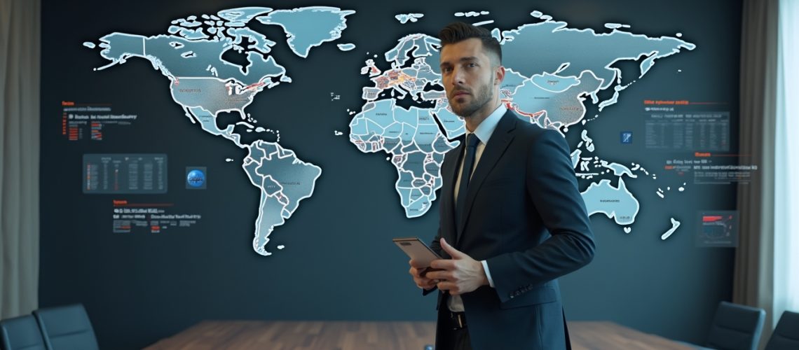 Man in suit holding tablet, standing in front of a world map on a conference room wall.