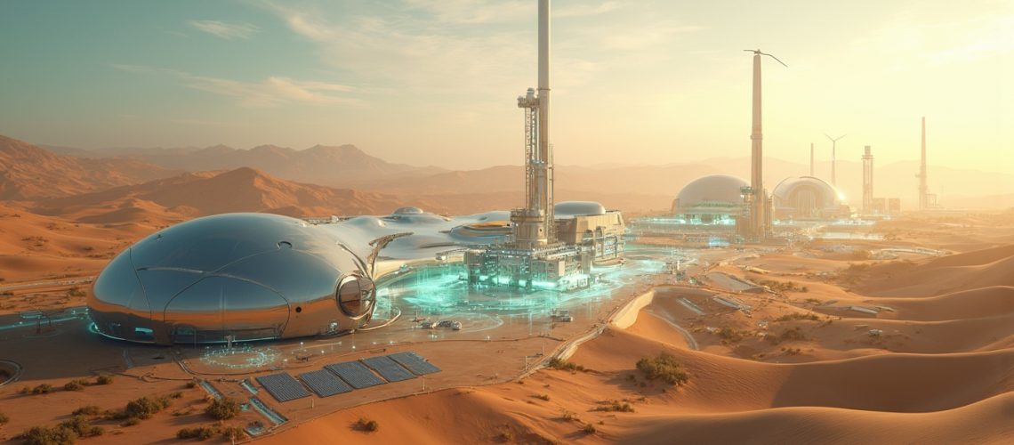 Futuristic thorium plant in desert.