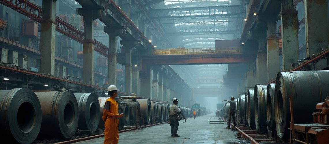 Industrial workers in helmets inspect large metal coils inside a spacious factory warehouse.