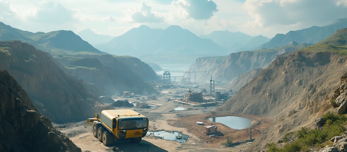 Mountainous landscape with mining trucks and equipment amid rugged terrain under a cloudy sky.