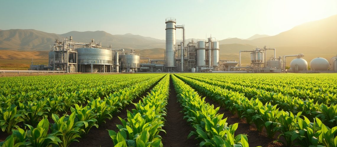 Green crop fields with an industrial factory and mountains in the background under a clear sky.