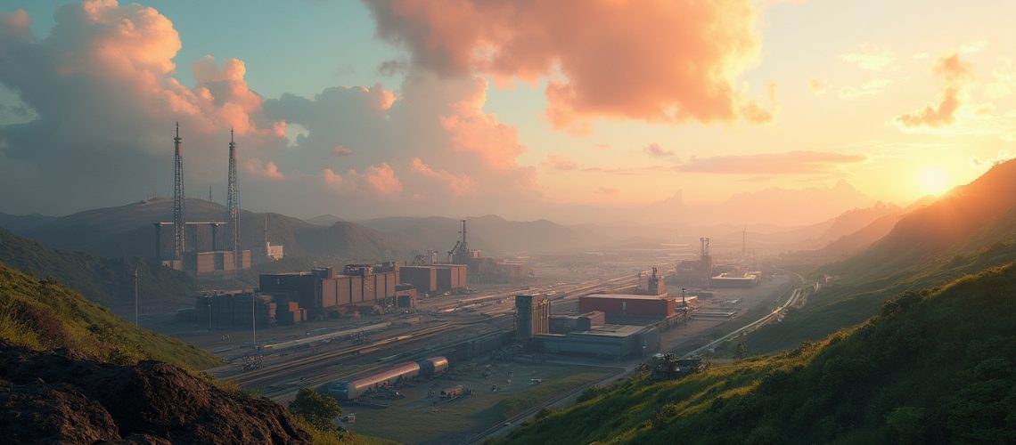 Sunset over an industrial complex nestled between lush green hills and a vibrant sky.