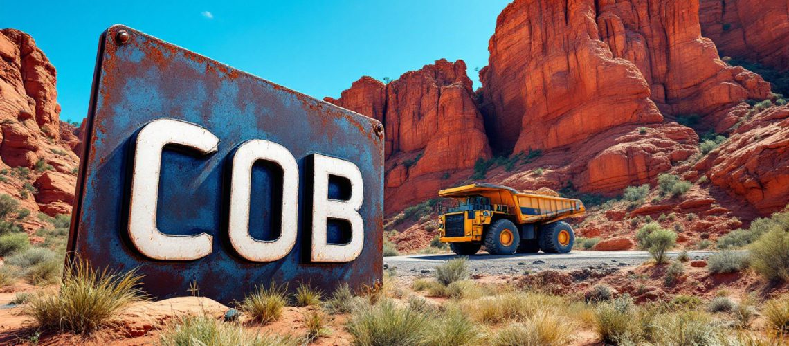 Cobalt Blue Holdings Ltd-COB-Sign with "COB" in front of a mining truck near red rock formations under a clear blue sky.